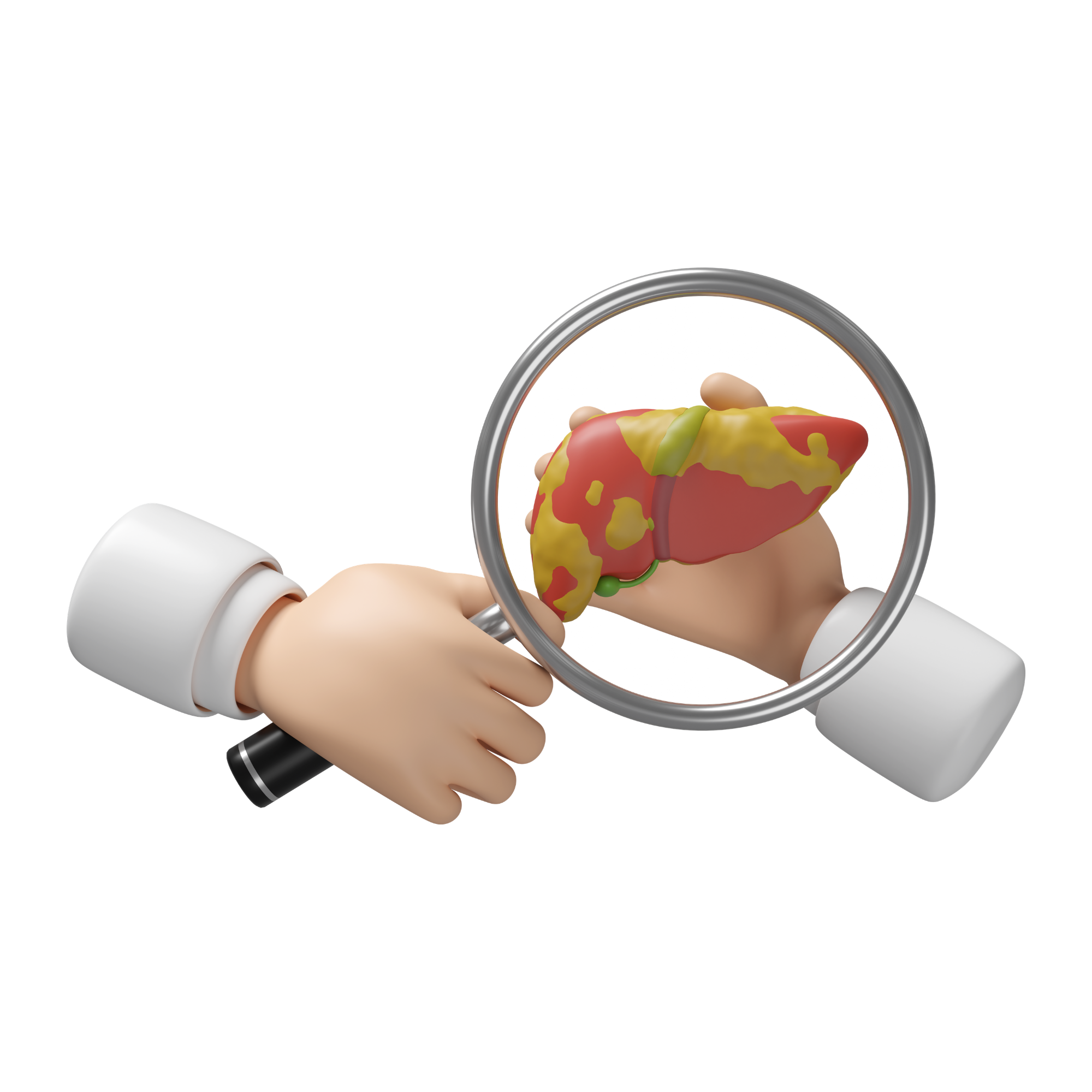 Illustration of a clinician examining a liver through a magnifying glass